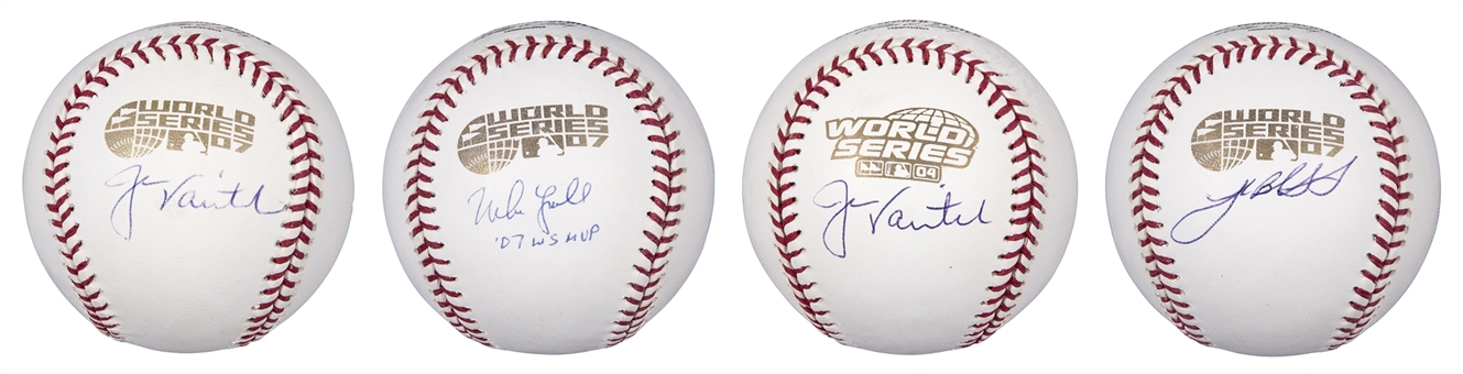 Lot of (4) Single Signed World Series Baseballs - Varitek (2), Lowell, and Beckett (MLB Authenticated & PSA/DNA)
